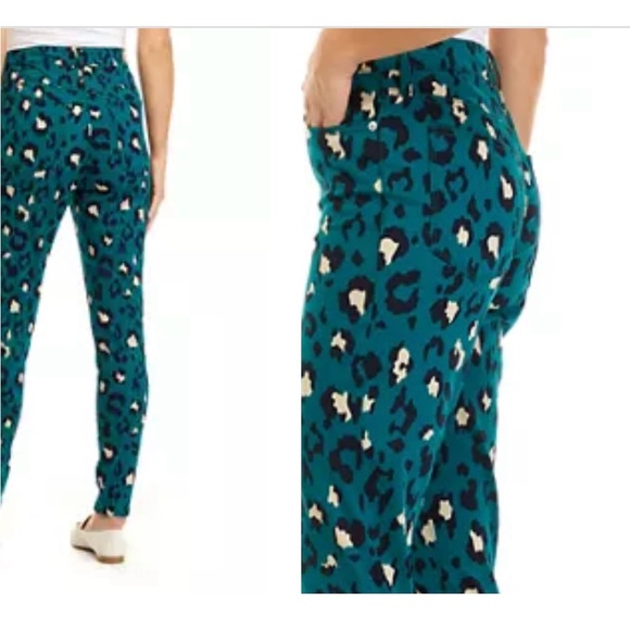 Crown & Ivy high rise skinny pants sz 12 teal navy animal leopard print, NWT - Picture 2 of 3